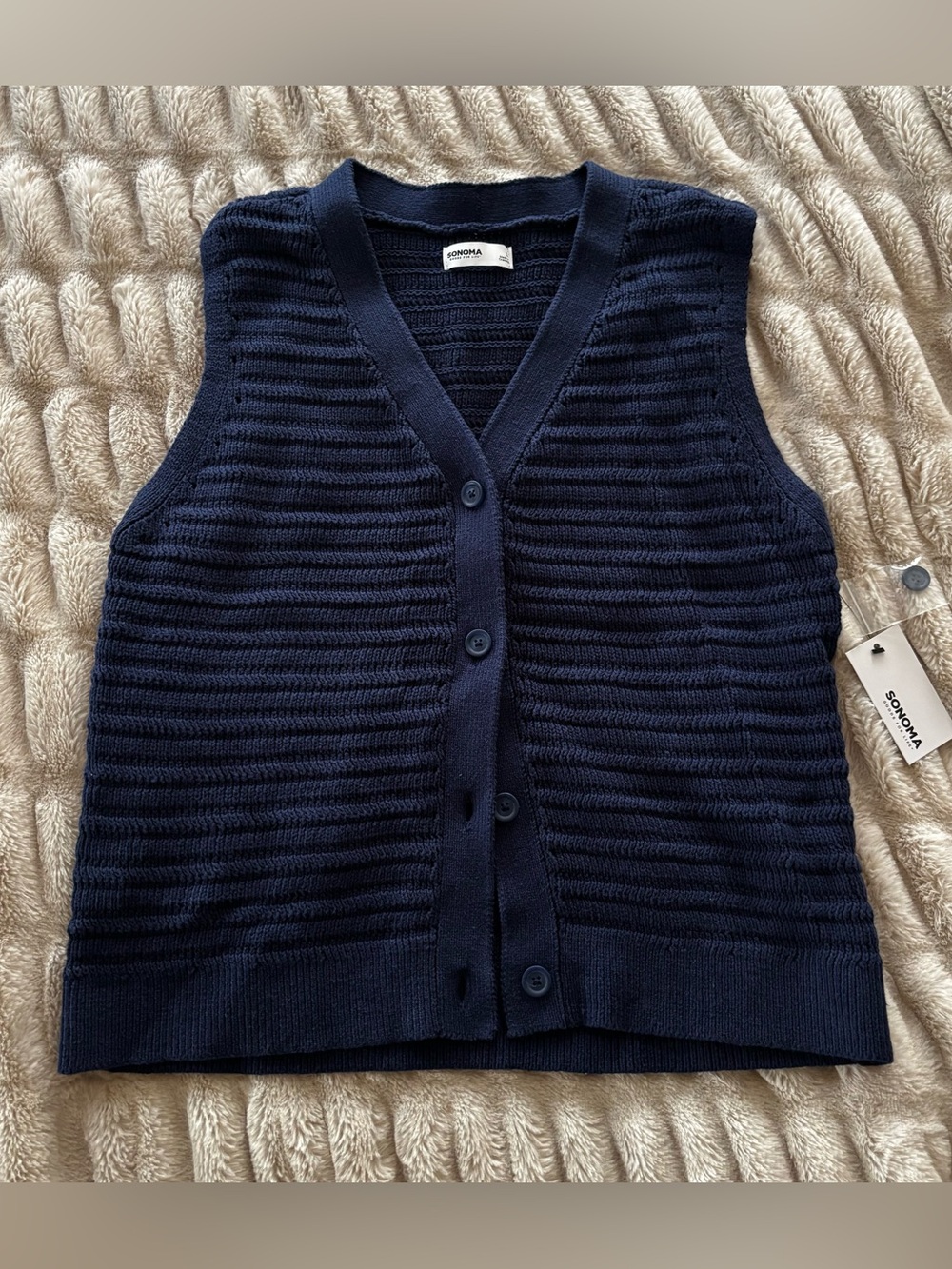 Sonoma Navy Open-Knit Button V-Neck Sweater Vest Size Large New